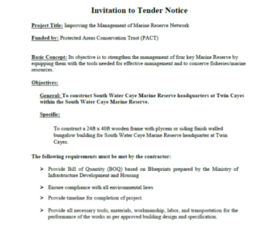 CLOSED – Invitation to Tender Notice: To construct South Water Caye Marine Reserve headquarters at Twin Cayes within the South Water Caye Marine Reserve