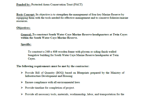 CLOSED – Invitation to Tender Notice: To construct South Water Caye Marine Reserve headquarters at Twin Cayes within the South Water Caye Marine Reserve