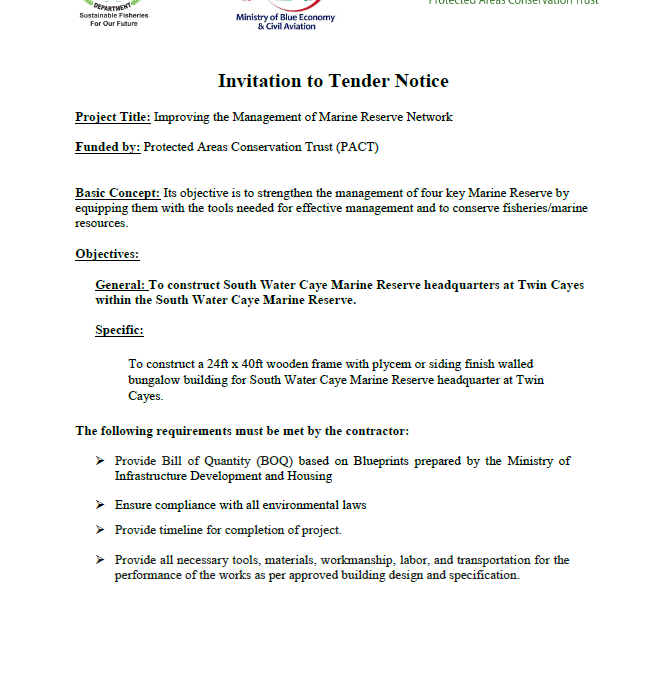 CLOSED – Invitation to Tender Notice: To construct South Water Caye Marine Reserve headquarters at Twin Cayes within the South Water Caye Marine Reserve